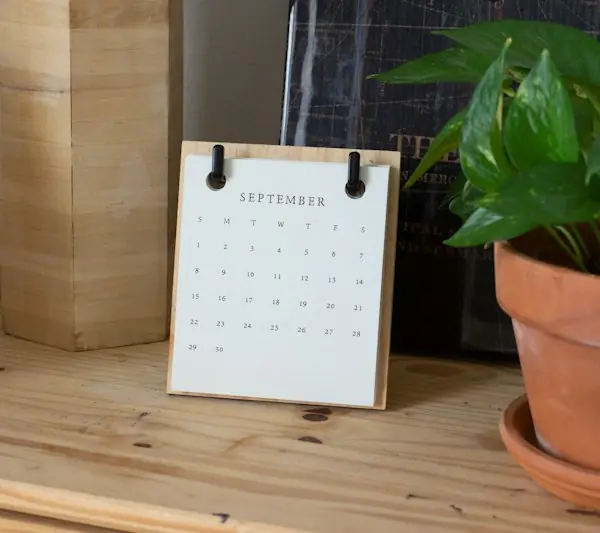 Desk calendar standing on a wooden shelf beside a plant, representing the quarterly schedule of billing code set updates
