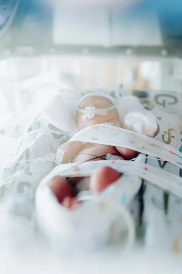Premature infant's hand inside a neonatal intensive care unit incubator with monitoring leads attached