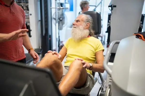 Older patient exercising in a gym with staff nearby during a supervised cardiac rehab session